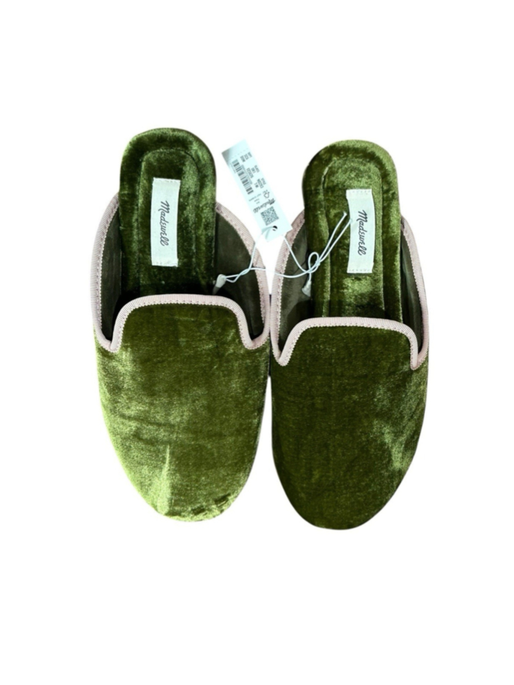Madewell The Ezra Slipper Velvet Mules 7M Desert Olive Green Pink Trim